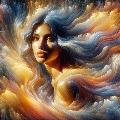 The primary subject of the image is a woman with long, flowing hair. She is the main focus of the image, and her features are prominently displayed. The setting is a vibrant, colorful background that complements the woman's appearance. The visual style of the image is a combination of photo and digital art, creating a unique and eye-catching representation of the woman. The colors and mood of the image are lively and energetic, with a strong emphasis on the woman's beauty and